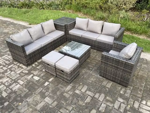 Fimous 9 Seater Rattan Garden Furniture Set in Dark Grey with U-Shape Sofa, Armchair, Coffee Table and Ottomans