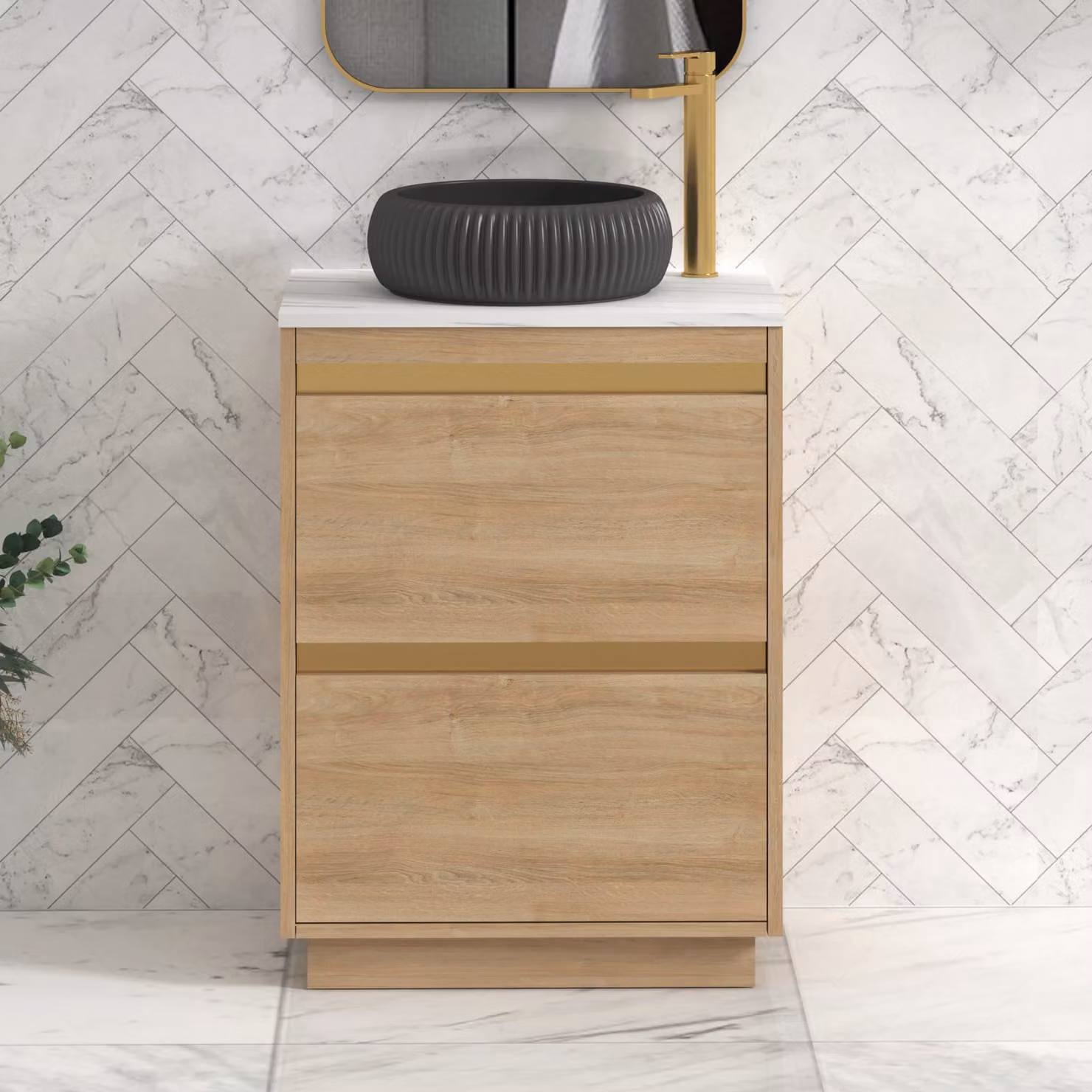 Royal Bathrooms Orion 800mm Natural Oak Floor Standing Countertop Vanity Unit with 2 Drawers, Milan Black Basin and Brushed Brass Accent Trim