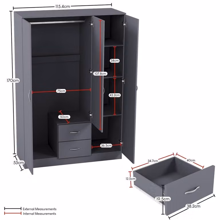 FORGEVIO Grey Modern Freestanding Wardrobe with Hinged Doors and Integrated Drawers