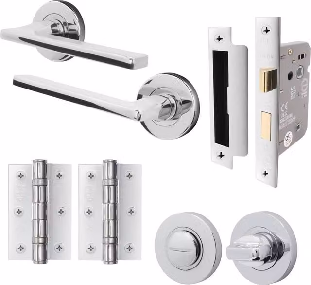 AFIT Polished Chrome Bathroom Door Handle Set with Latch and Lock in Silver