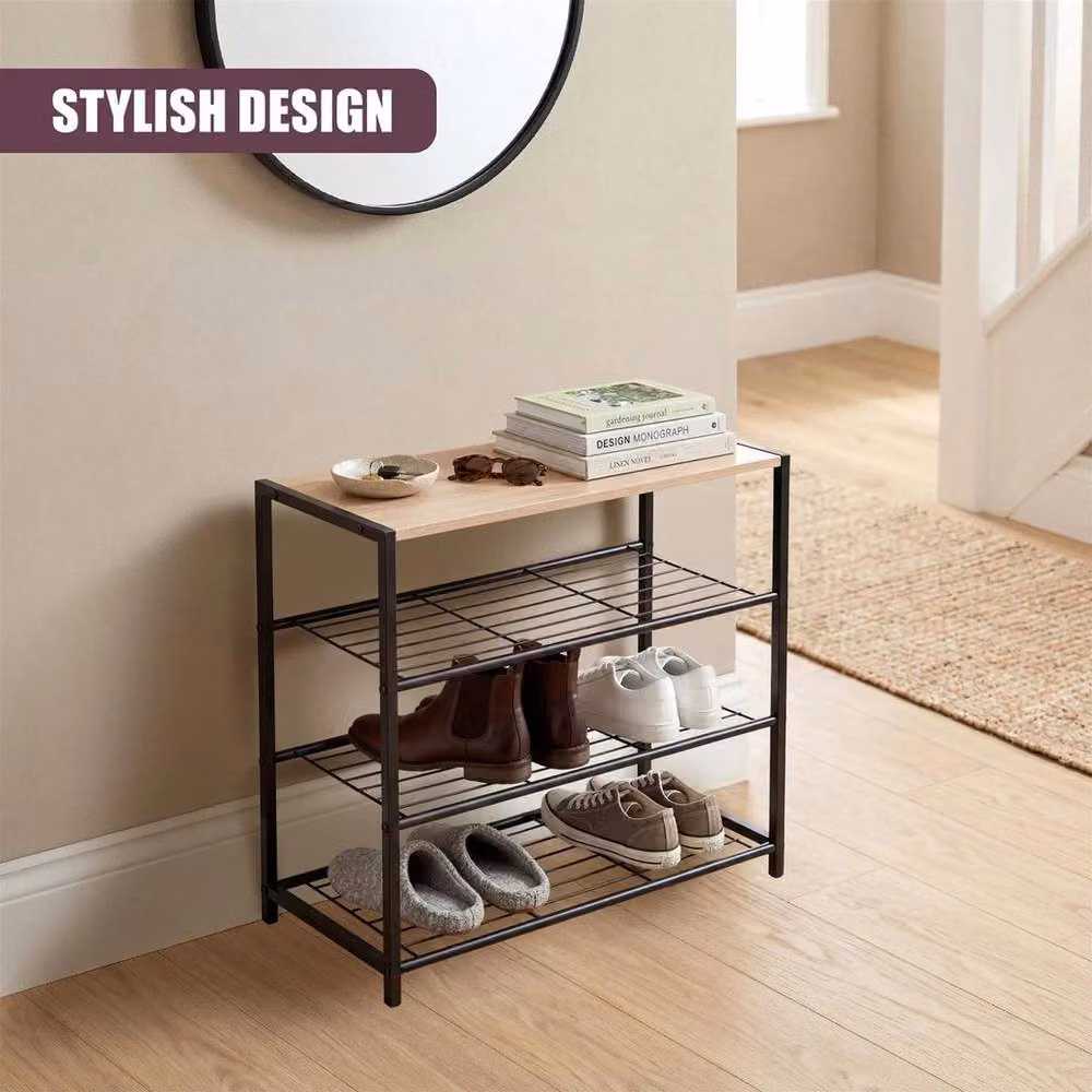 Kelvenix 3 Tier Metal and Wood Shoe Rack with Bench in Black – 4