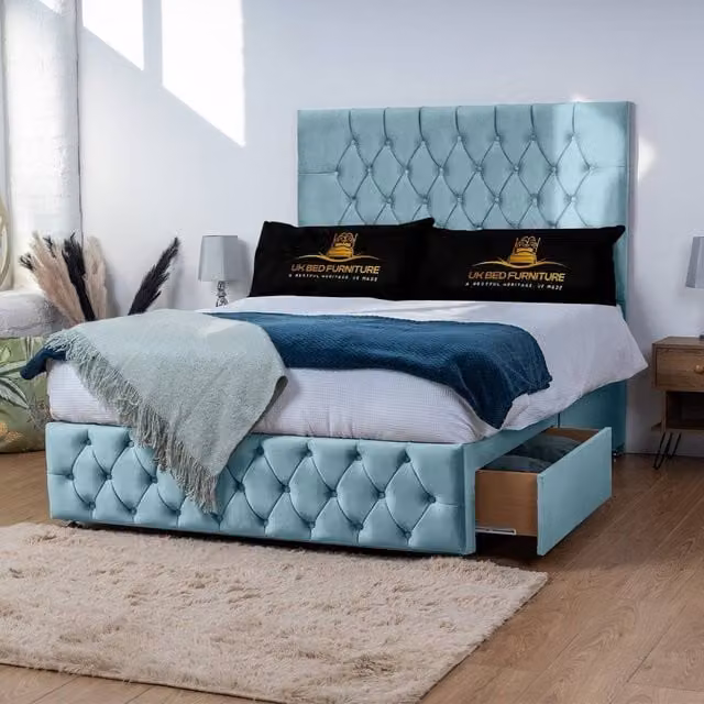 UK Bed Furniture Monaco Single Divan Bed with 2 Drawers on Same Side and 26 Inch Headboard in Light Blue Velvet