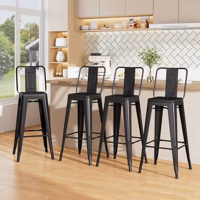 Livingandhome Set of 4 Vintage Tall Bar Stools with Backrest in Glossy Black