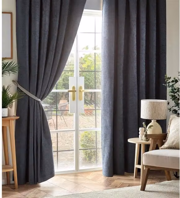 Livinluxury Chenille Blackout Pencil Pleat Top Curtains, Anthracite, Height: 229 cm, Width: 117 cm