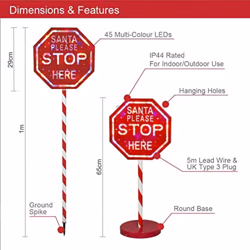 The Christmas Workshop Santa Please Stop Here Sign with 45 Multicoloured Lights, Red and White, 1m – 4
