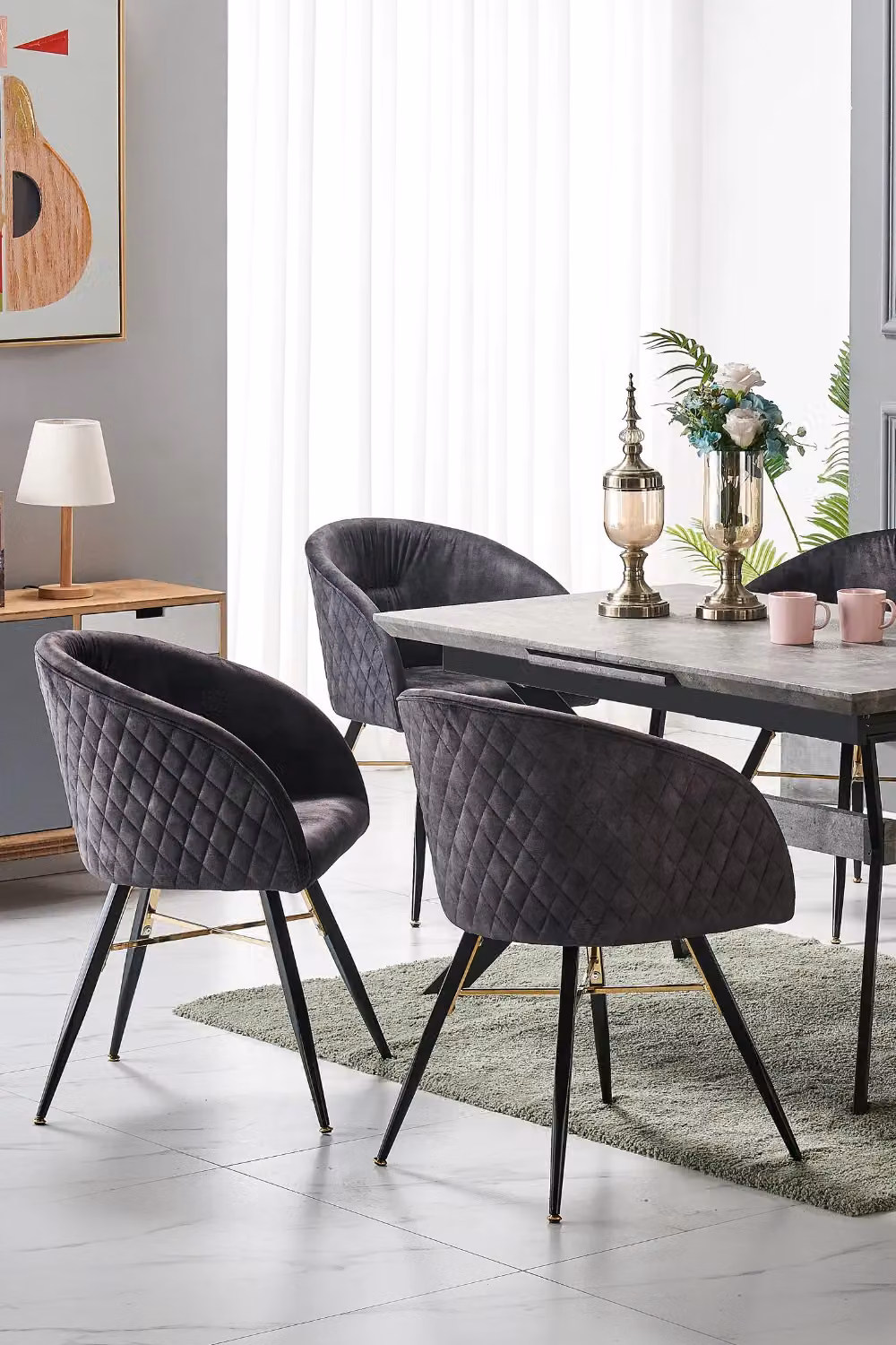 Life Interiors Set of 2 Vittorio Black Velvet Dining Chairs with Metal Legs and Quilted Design – 4
