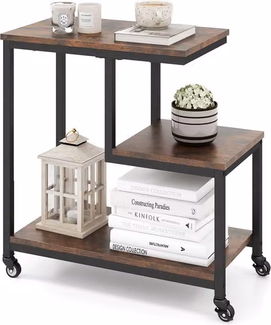 COSTWAY 3-Tier G-Shaped Mobile End Table with Castors, Brown