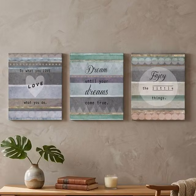 Orsina Set of 3 Multicolour Geometric Typography Wooden Wall Plaques with Rustic Finish, W/H: 25 x 20 cm – 3