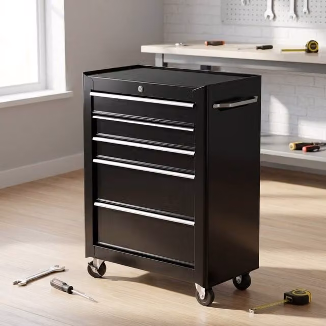 STILVORA Black Steel Tool Chest with 5 Lockable Rollable Drawers
