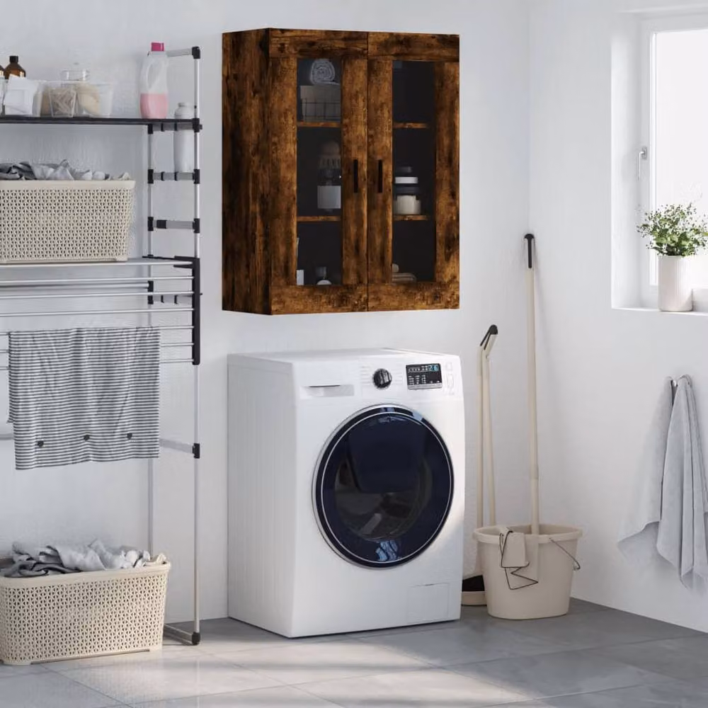 Berkfield Home Wall Mounted Smoked Oak Cabinet with Glass Doors, Brown, W/D/H: 69.5 x 34 x 90 cm – 2