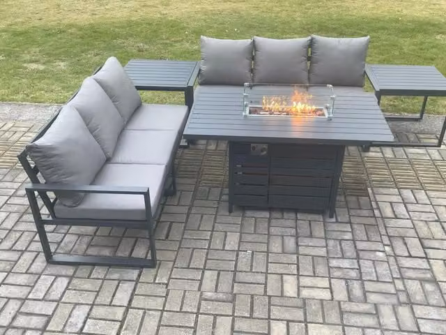 Fimous 6 Seater Aluminium Outdoor Garden Furniture Set with Gas Fire Pit Dining Table and 2 Side Tables in Dark Grey