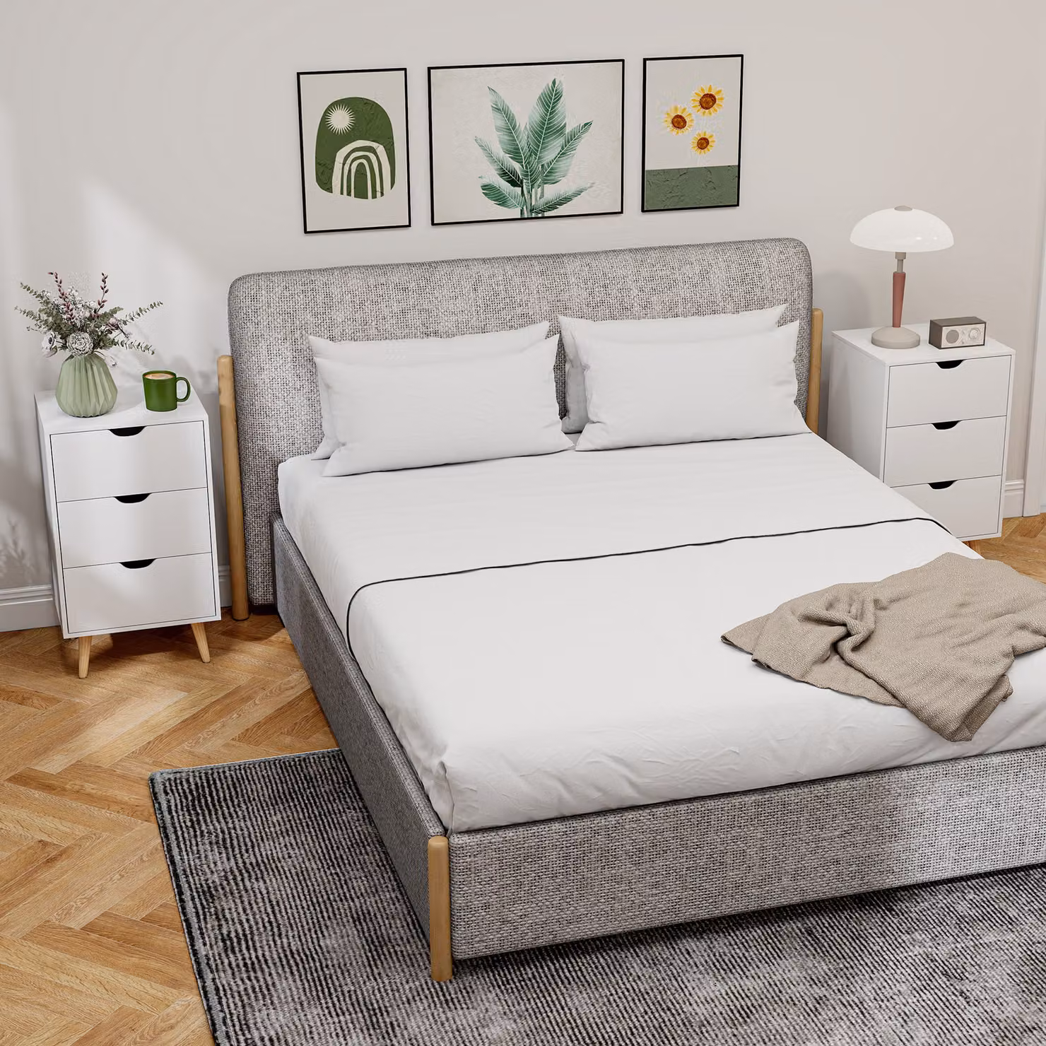 HOMCOM Set of 2 Modern White Bedside Tables with 3 Storage Drawers and Solid Pine Wood Legs – 2