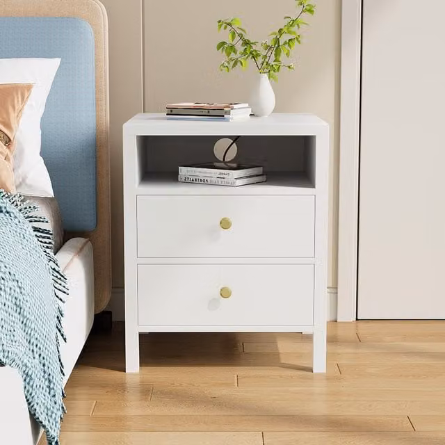 Livingandhome Set of 2 Modern White Bedside Tables with Drawers and Charging Ports