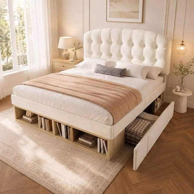 STILVORA King Size Upholstered Bed Frame with Storage Drawers in Beige Velvet