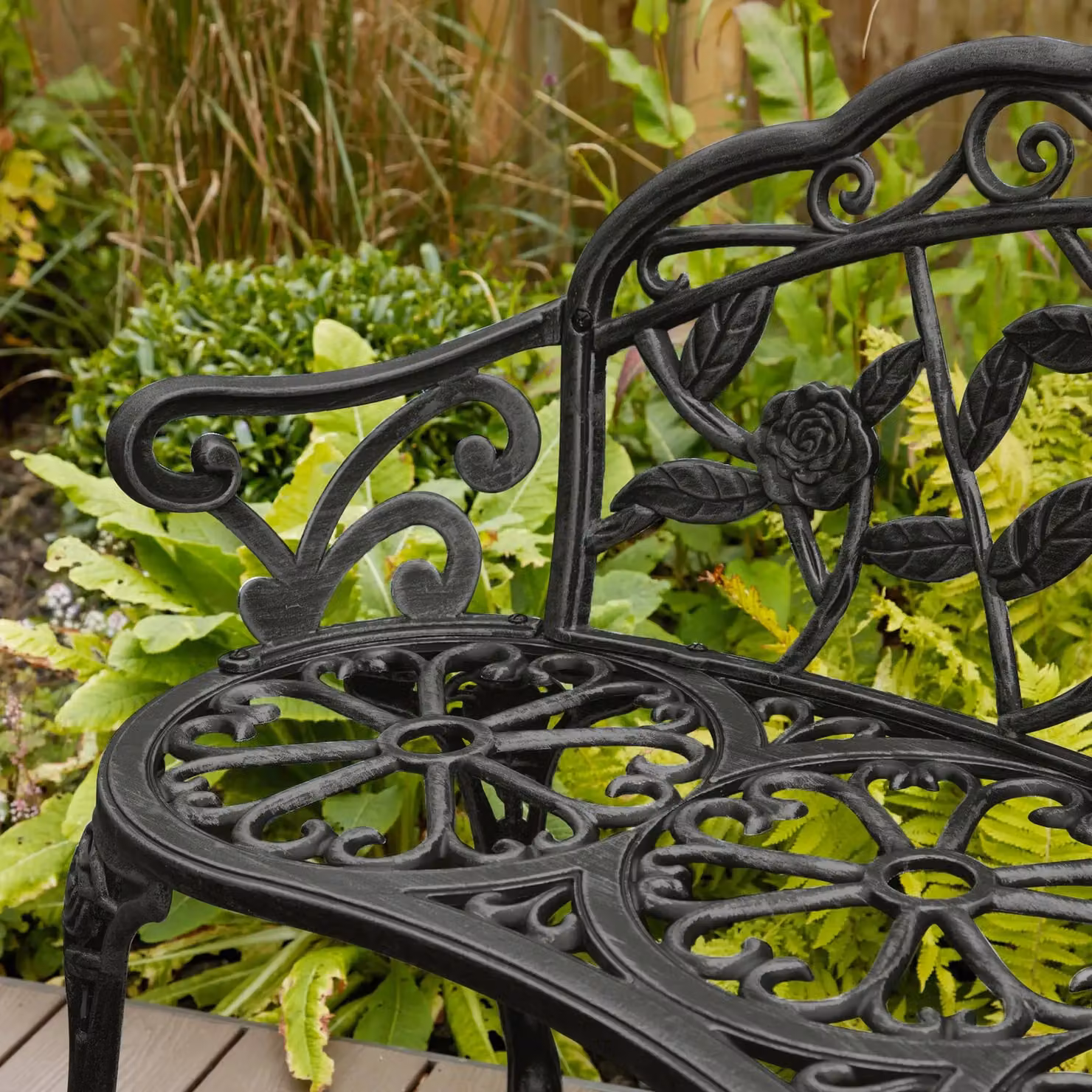 Home Source Black Cast Aluminium 2 Seater Garden Bench with Floral Metal Frame – 2