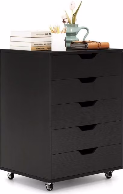 Costway 5 Drawer Rolling Storage Cabinet Black Wooden Mobile Chest of Drawers
