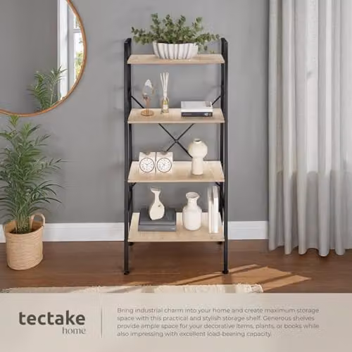 tectake 4-Tier Industrial Ladder Shelf with Steel Frame and Wood-Look Shelves in Black and Light Wood, H 150 x W 61 x D 36 cm – 3