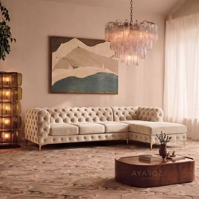 Sofaya Monaco Chesterfield 4 Seater L Shaped Chaise Sofa in Cream Velvet Right Hand Facing
