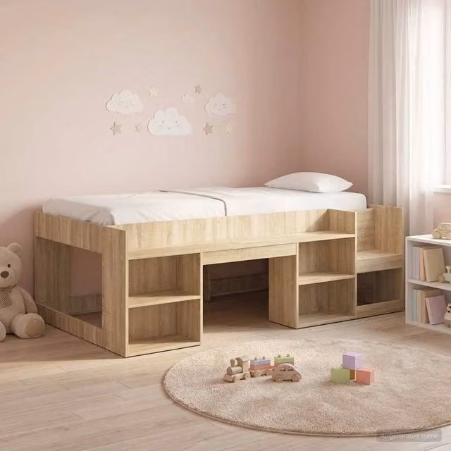 Berkfield Home Kids Bed Frame with Side Compartments and Bedside Shelf in Sonoma Oak Brown, W/D/H: 98.5 x 200 cm