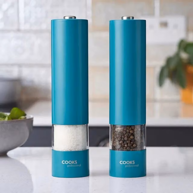 Cooks Professional Electric Stainless Steel Automatic Salt and Pepper Mill Set in Petrol