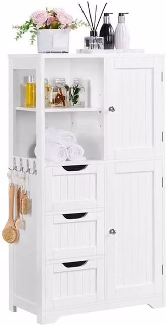 KORVIXA Multifunctional White Freestanding Bathroom Floor Cabinet with Drawers and Shelves