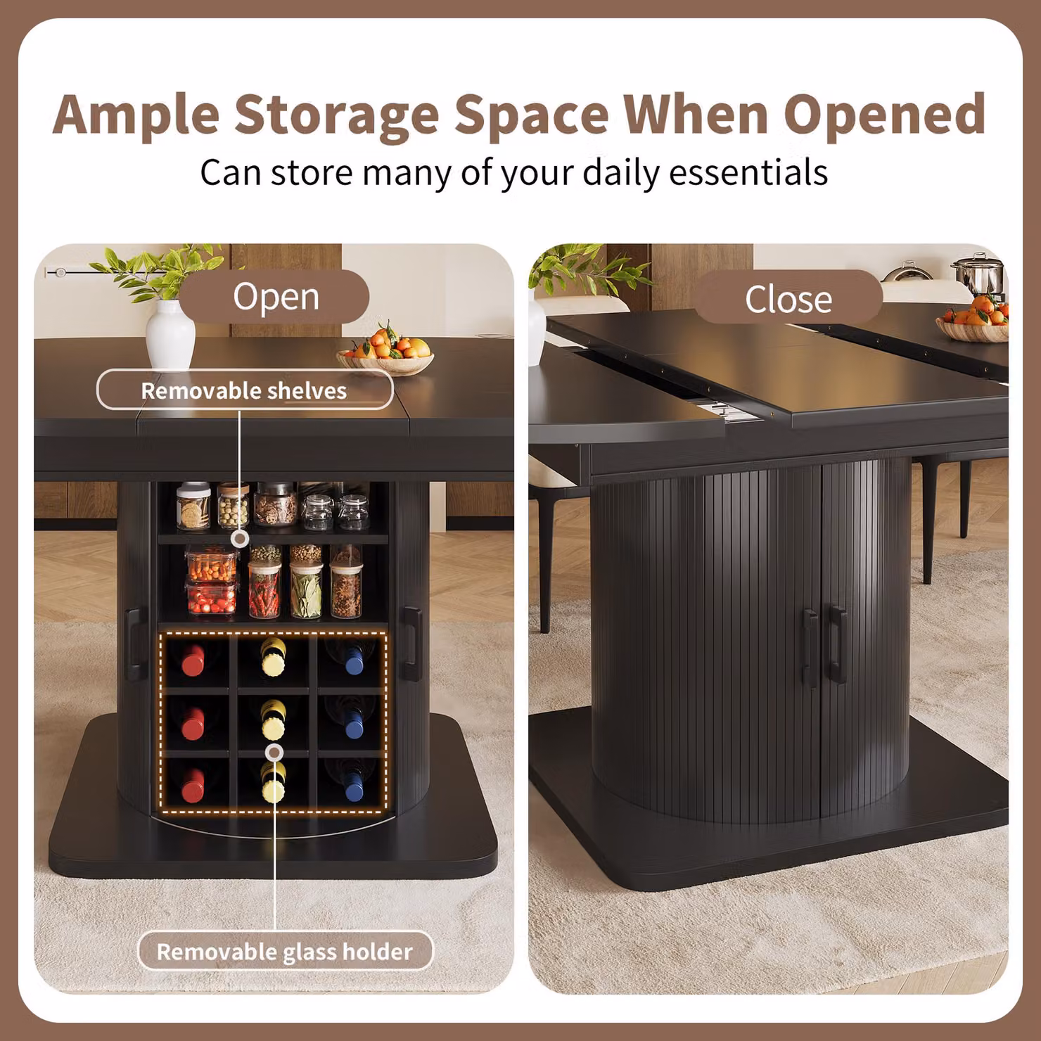 Aosom UK Black Extendable Multifunctional Dining Table with Hidden Storage, Wine Rack and Shelves, W: 118 cm, D: 118 cm, H: 76 cm – 3