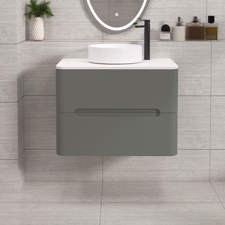 Royal Bathrooms Venice Wall Hung Vanity Unit with 2 Drawers and Plain White Worktop, Sage Green, W: 70 cm