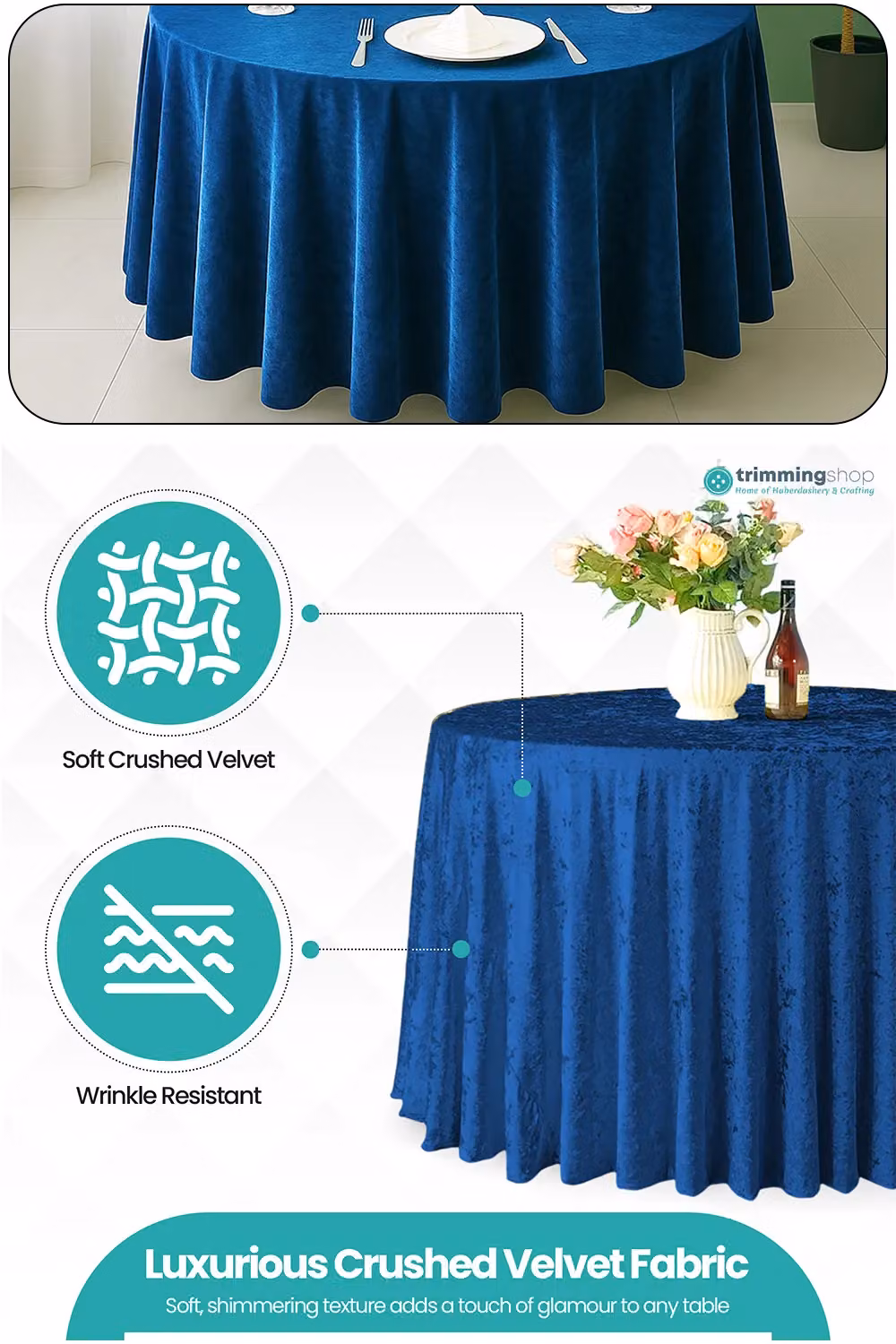 Neel Blue Diamond Velvet Round Tablecloth in Royal Blue, Diameter: 304.8 cm – 2