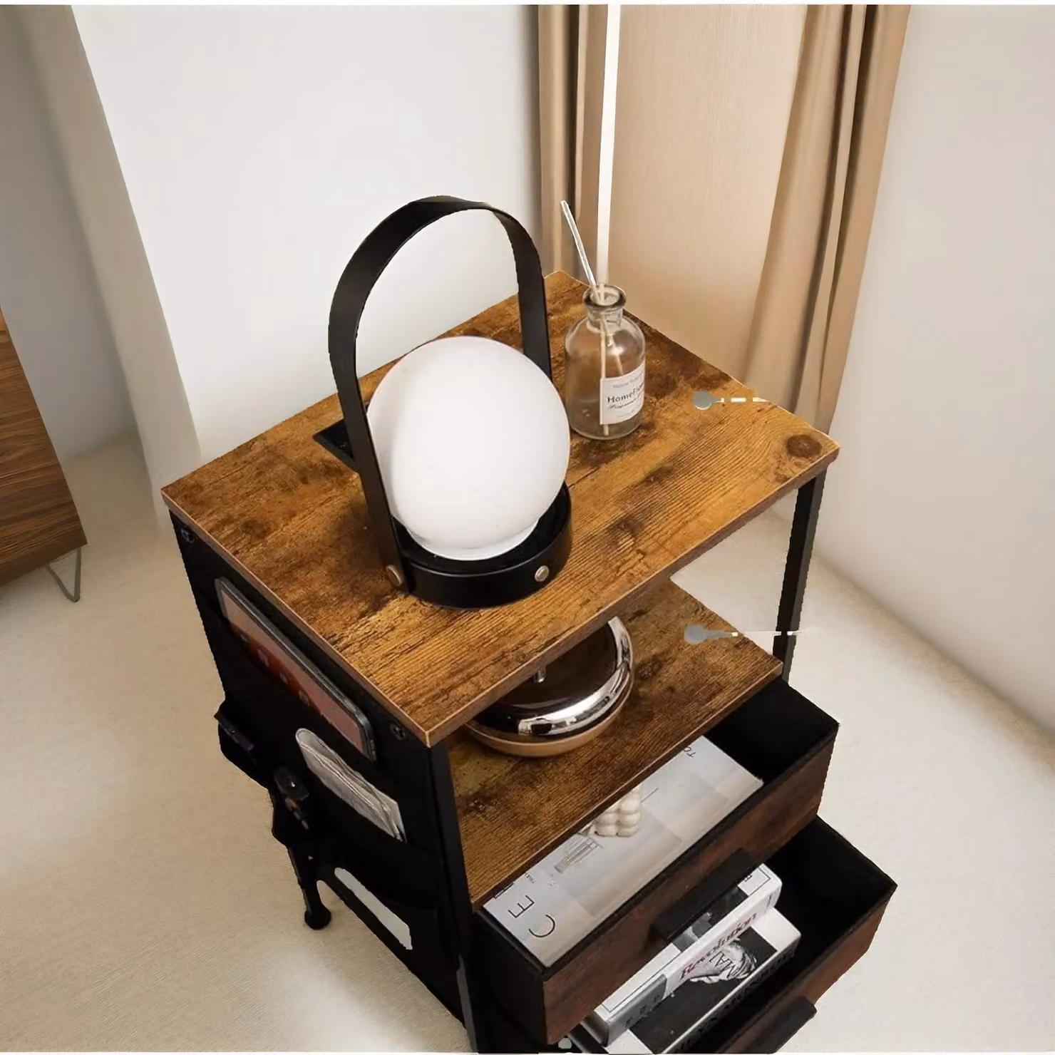 Pirlo Plush Set of 2 Industrial Bedroom Bedside Tables with Charging Station in Rustic Brown – 2