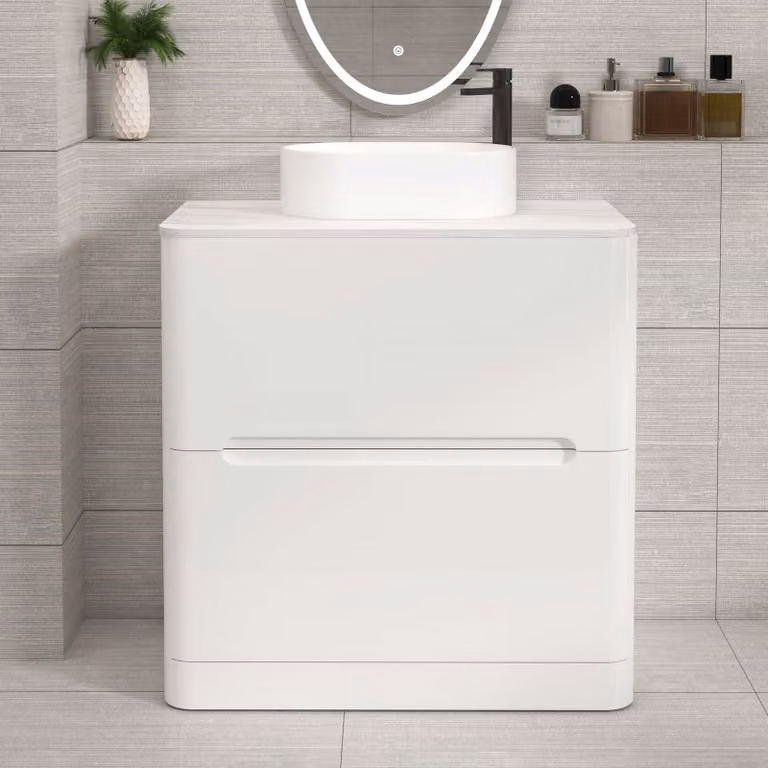 Royal Bathrooms Venice 800mm Gloss White Floor Standing 2 Drawer Countertop Vanity Unit with Peak Basin