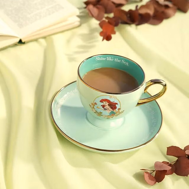 Disney Pastel Princess Ariel Ceramic Tea Cup and Saucer in Green and Gold with Floral Design