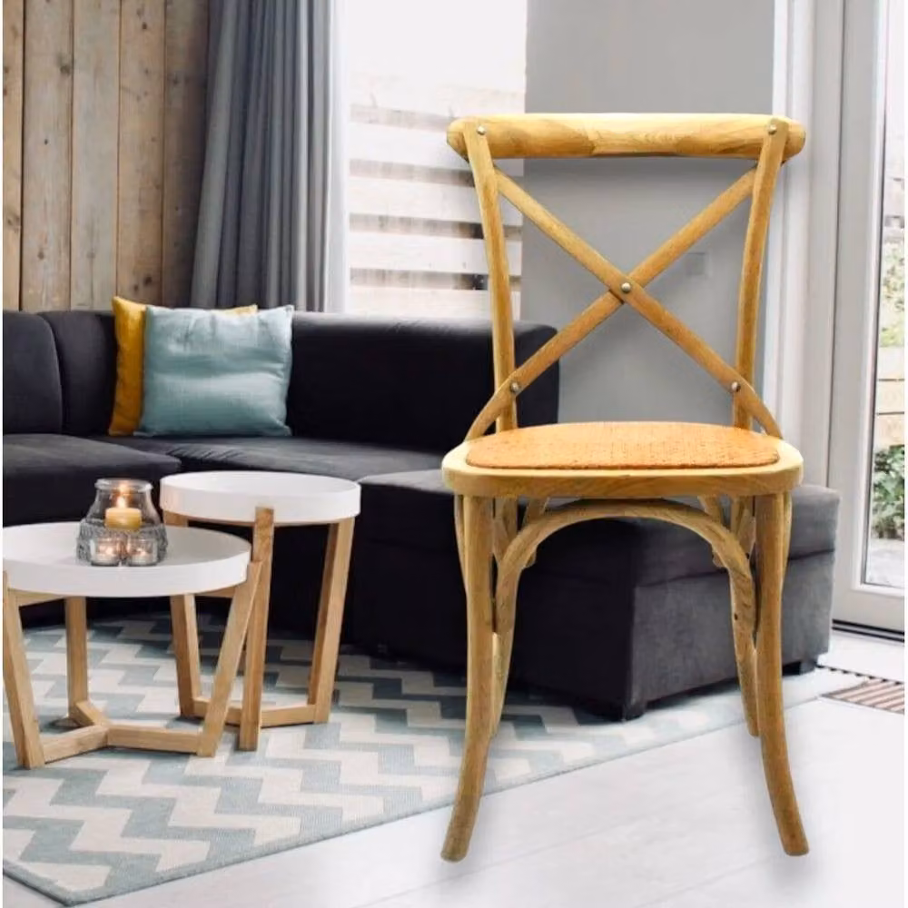 FORGEVIO Farmhouse Cross-Back Dining Chair in Brown Elm Wood with Rattan Seat – 2