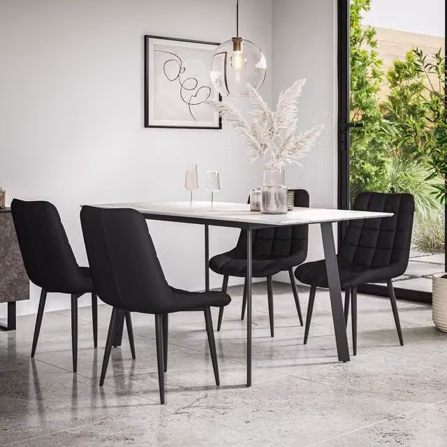 More4Homes Haydon Extending Dining Table and Set of 4 Nova Faux Leather Chairs, White Marble Effect Top with Black Legs, W/D/H: 120 x 80 x 76 cm