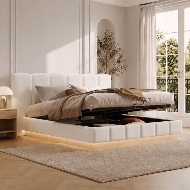 STILVORA Super King Ottoman Bed with LED Under-Bed Lighting and Storage in Beige Bouclé Fabric, W/D/H: 200 x 200 cm – 1
