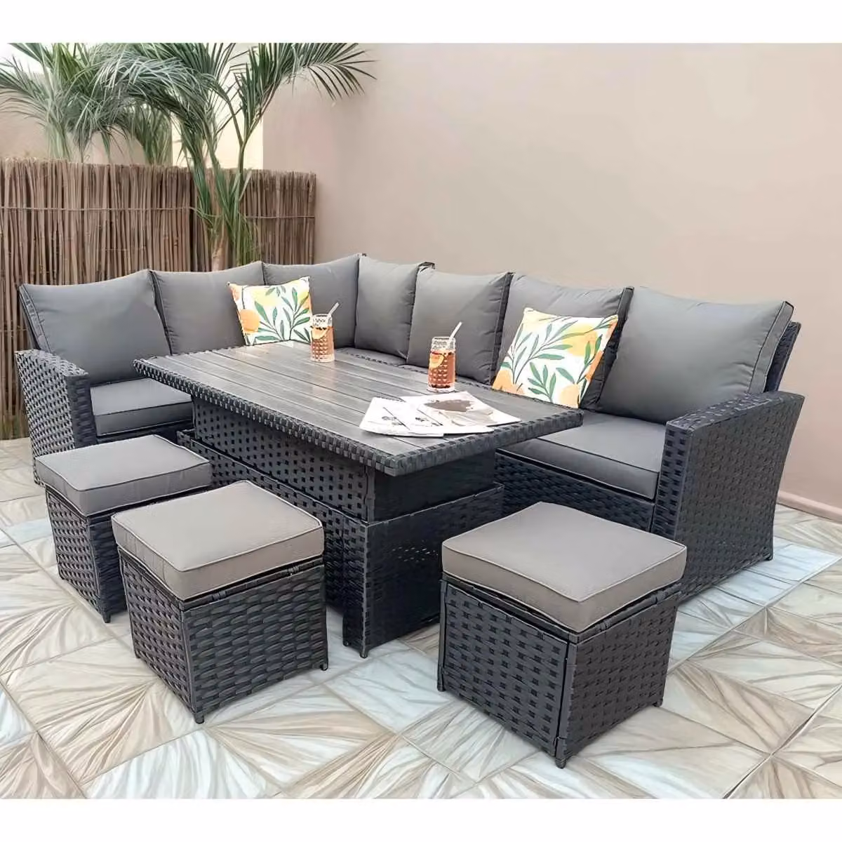 Furniture Maxi Rosen 9 Seater Rattan Garden Dining Set with Lift-Up Table and 3 Stools in Black – 3
