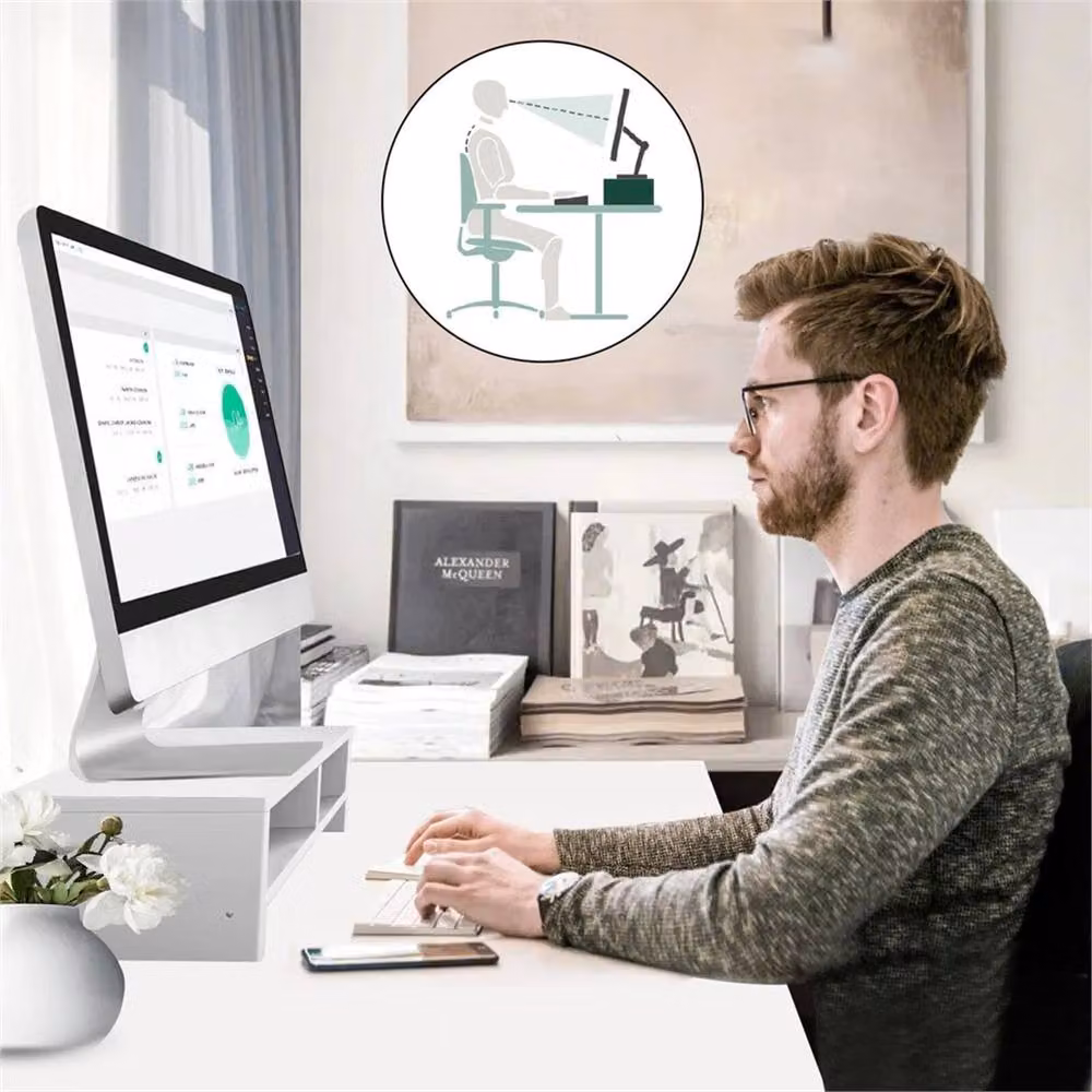 VOGREX White Wooden Computer Monitor Stand and Laptop TV Riser Shelf – 3