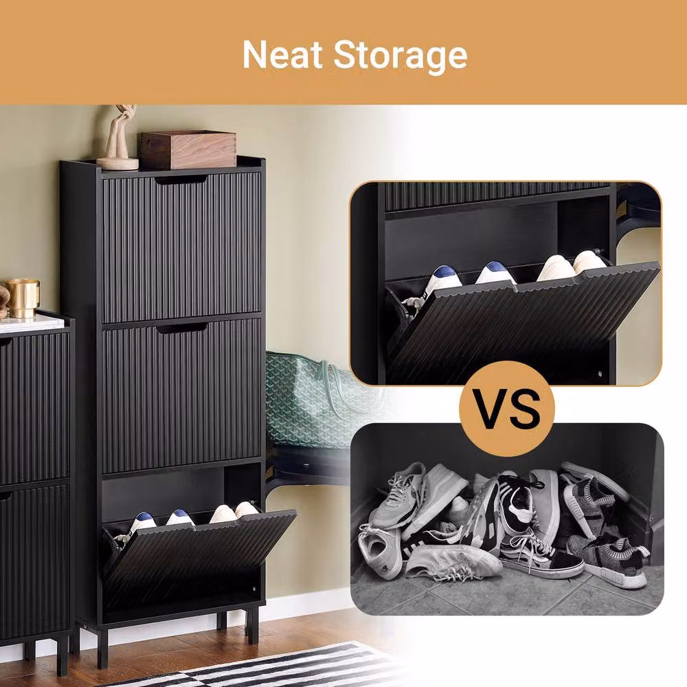 SoBuy Modern Slim Shoe Cabinet in Matt Black with Tilting Compartments – 2