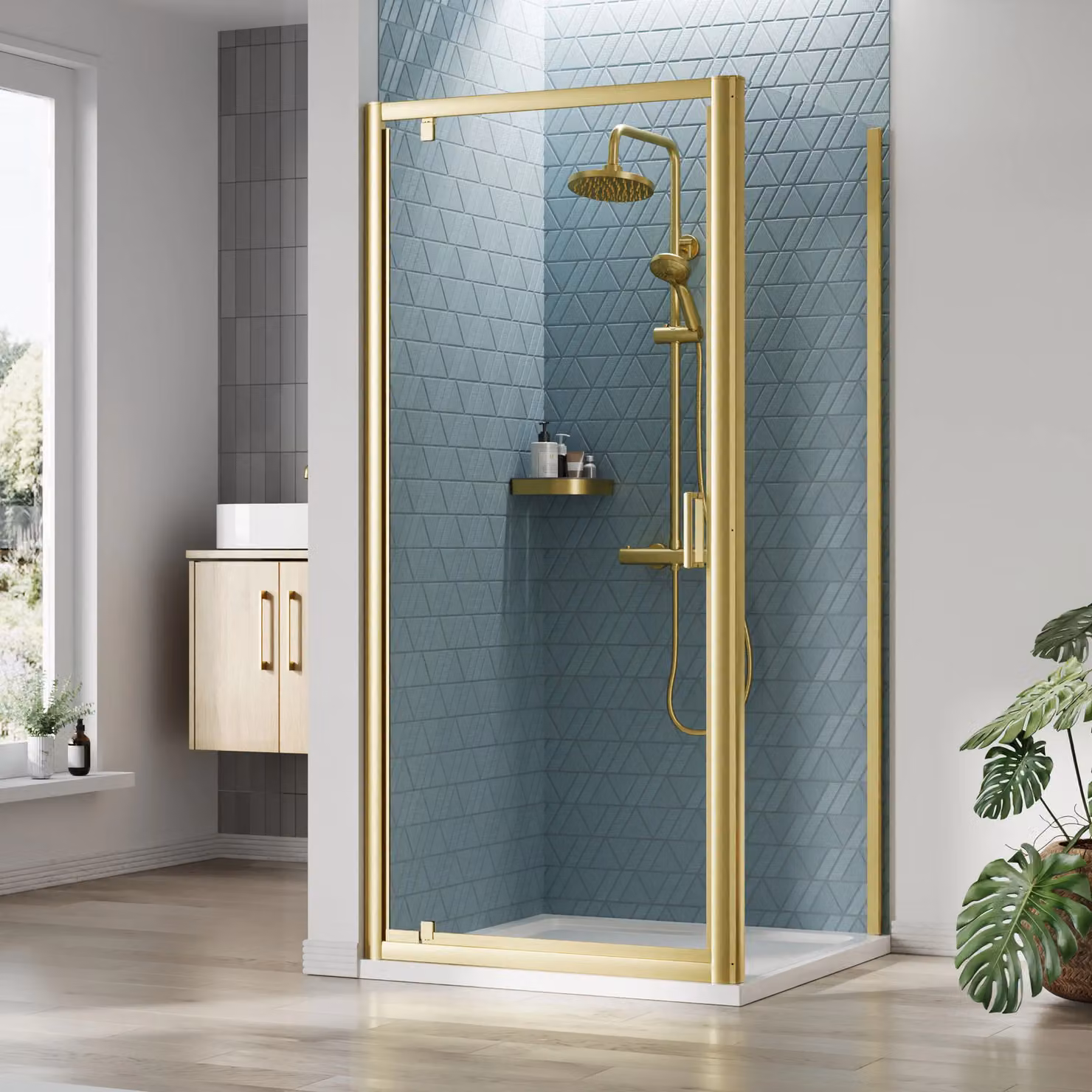 Balterley Ruwa Pivot Corner Shower Suite with 6mm Glass and Tray in Gold – 2