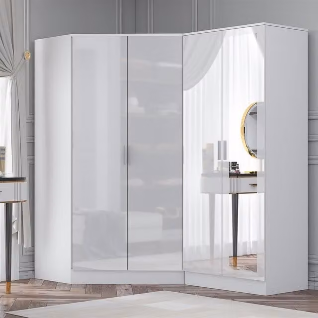 REFLECT Wardrobe Bundle featuring a 2 Door Corner Wardrobe and a 2 Door Mirror Wardrobe in White Gloss and Matt White