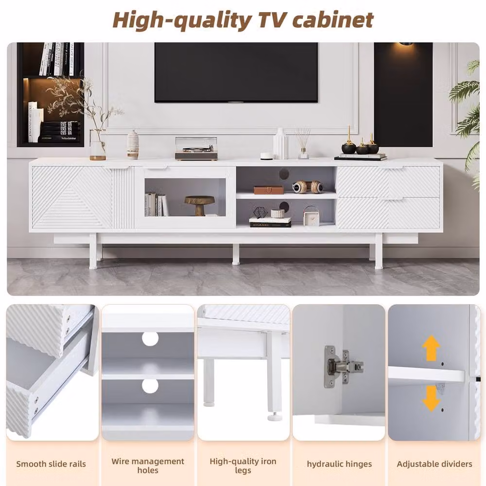 Rolipo Modern White TV Unit Cabinet with Media Compartments and Cable Management, Width: 200 cm – 3