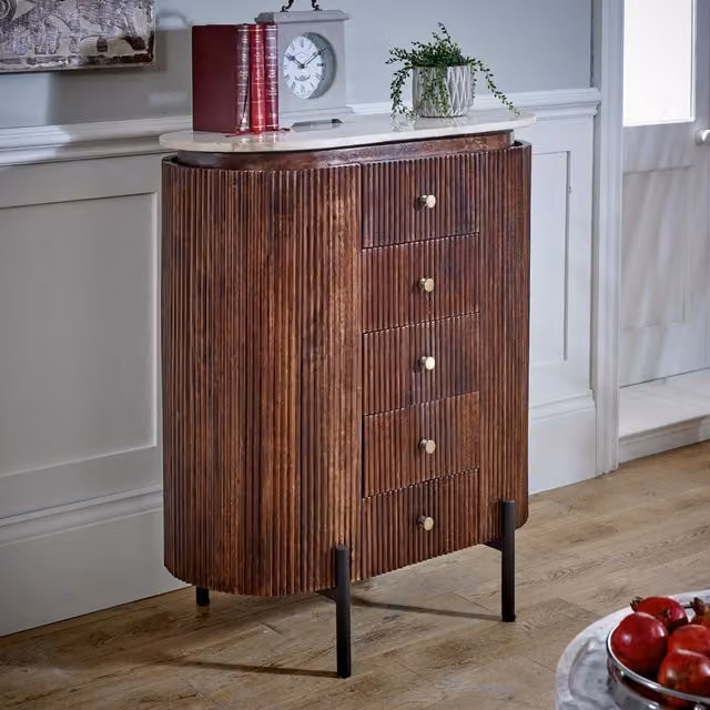 IH Design Luxor Mango Wood Wide Chest of Drawers with Marble Top and Metal Legs, Brown