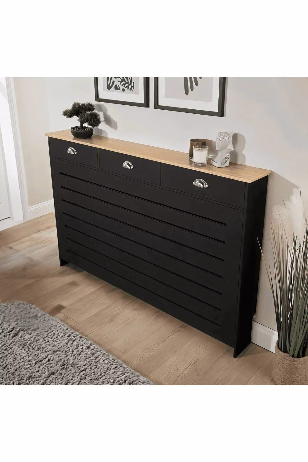 Home Source Batley Large Radiator Cover in Black MDF Wood, W/D/H: 151 x 19 x 96 cm – 2