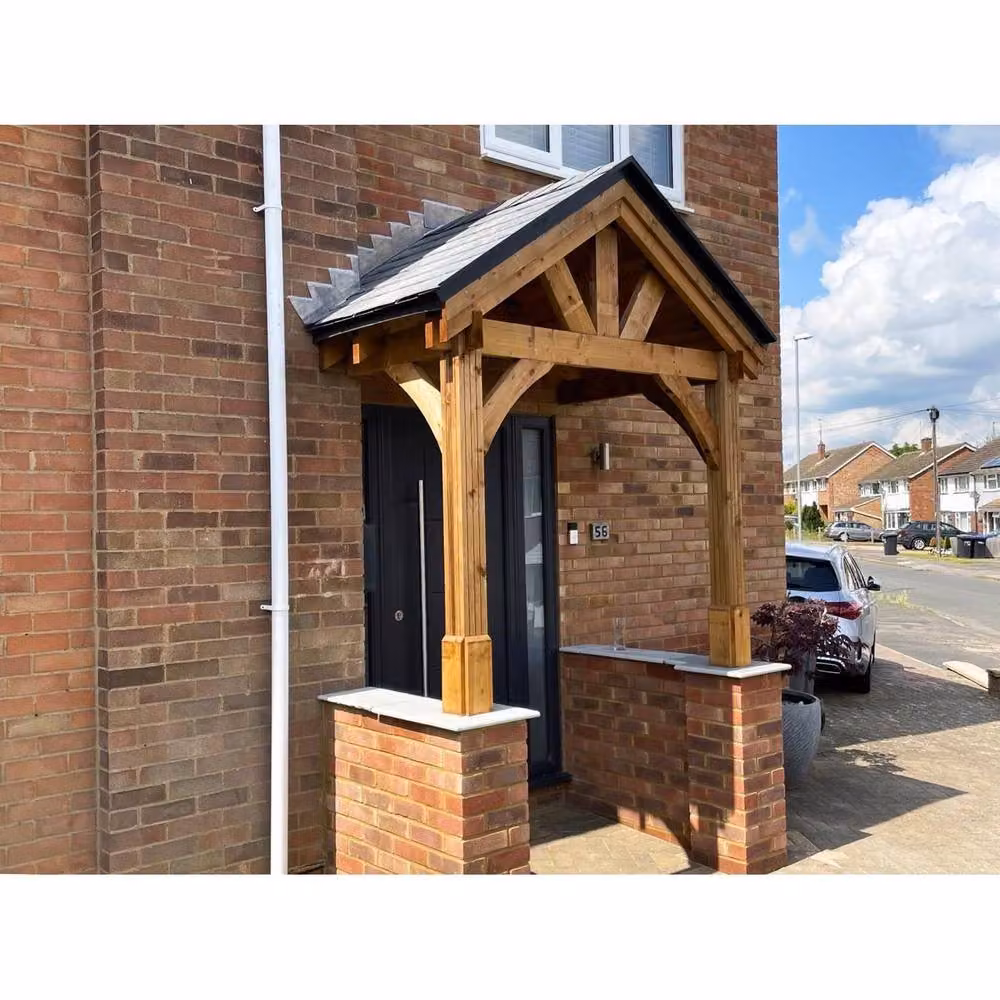 Dunster House Wooden Porch Canopy Kit with Black Shingles and 2 Posts in Brown, W: 200 cm, D: 150 cm – 2