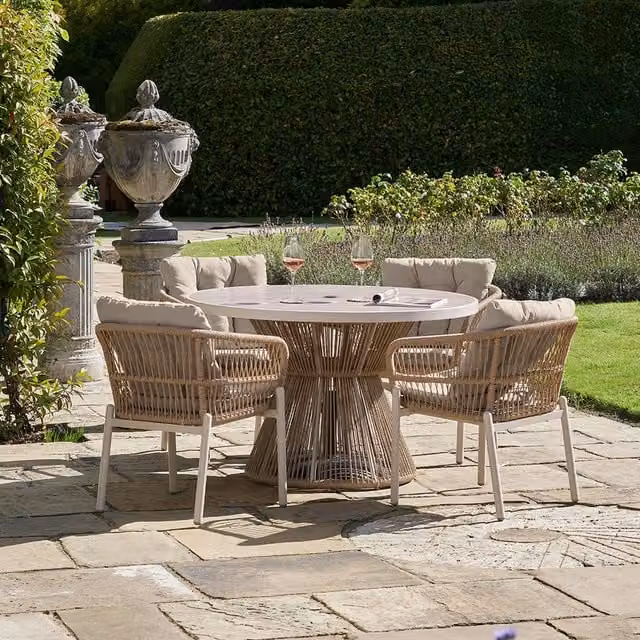 Martic Modern Round 4 Seater Outdoor Dining Set with Glass Table and Rattan Chairs in Beige and Brown