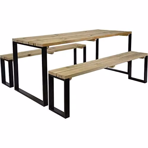 Forest Style Blakea Table and Benches Set in Brown and Beige Wood and Metal, W/D/H: 180 x 80 x 75 cm – 1