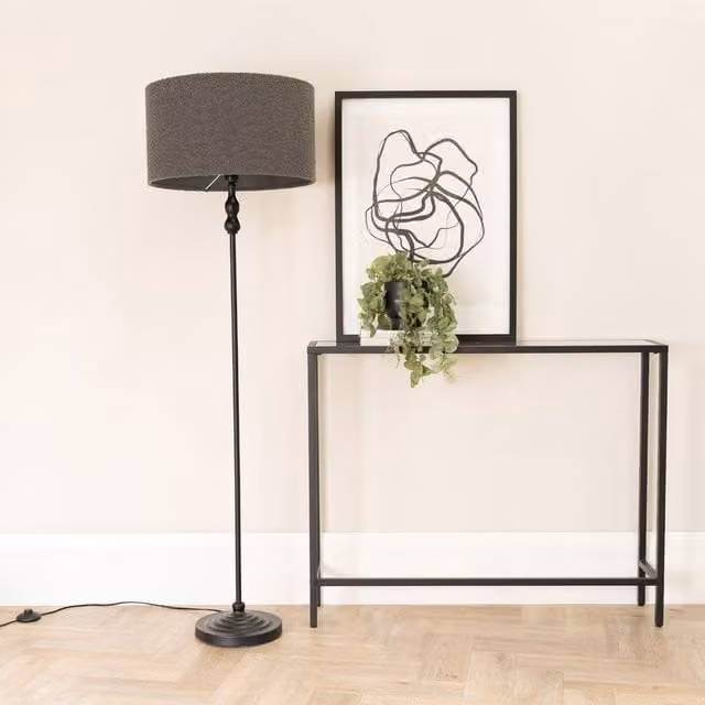 ValueLights Maggie Candlestick Floor Lamp with Boucle Shade in Black and Grey