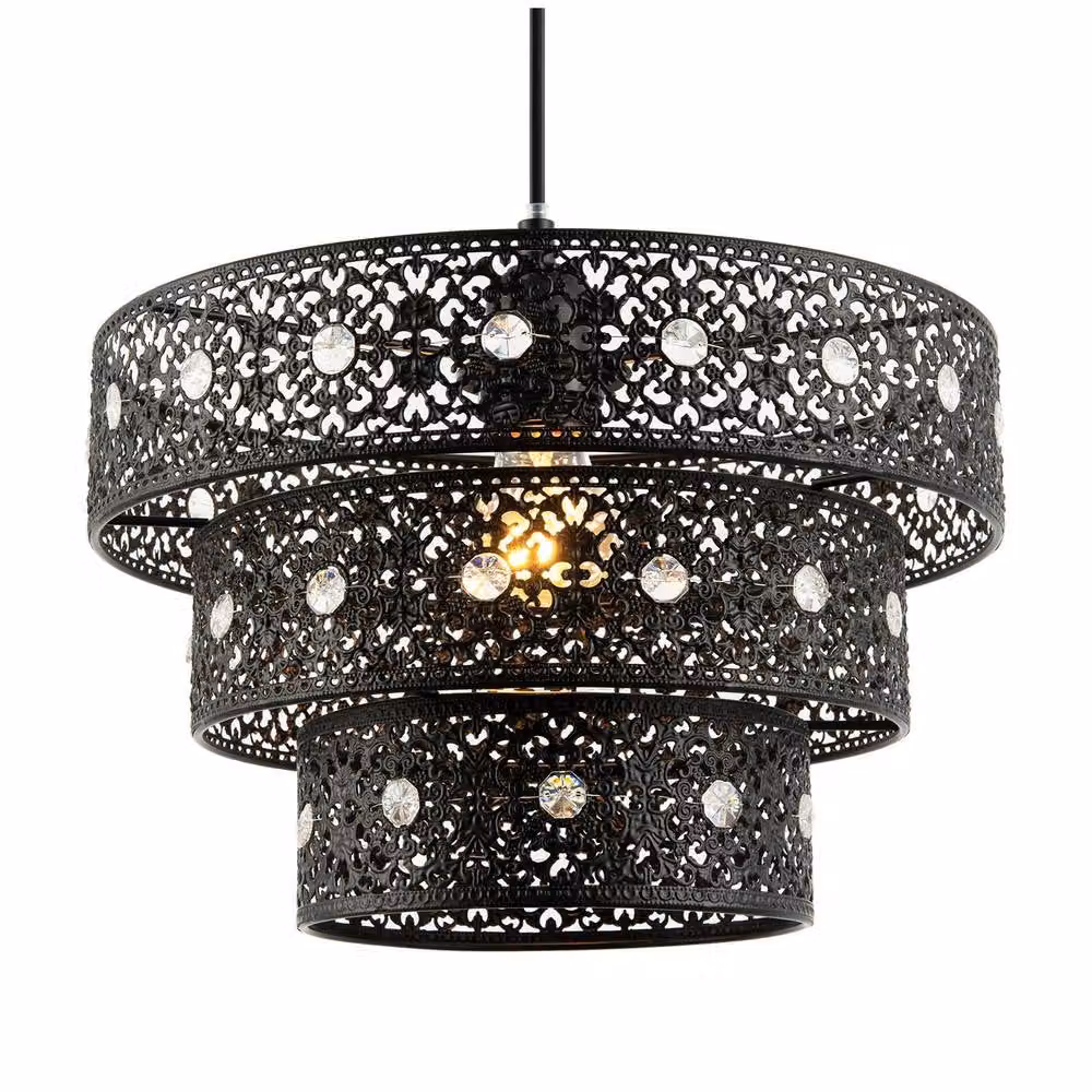 Happy Homewares Antique Acrylic Gem Moroccan Style Triple Tier Pendant Light Shade in Black, Diameter: 30 cm, Height: 21 cm – 2