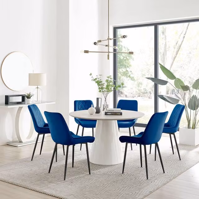 FurnitureboxUK Palma Beige Stone Effect Round Dining Table and 6 Pesaro Navy Blue Chairs with Black Legs