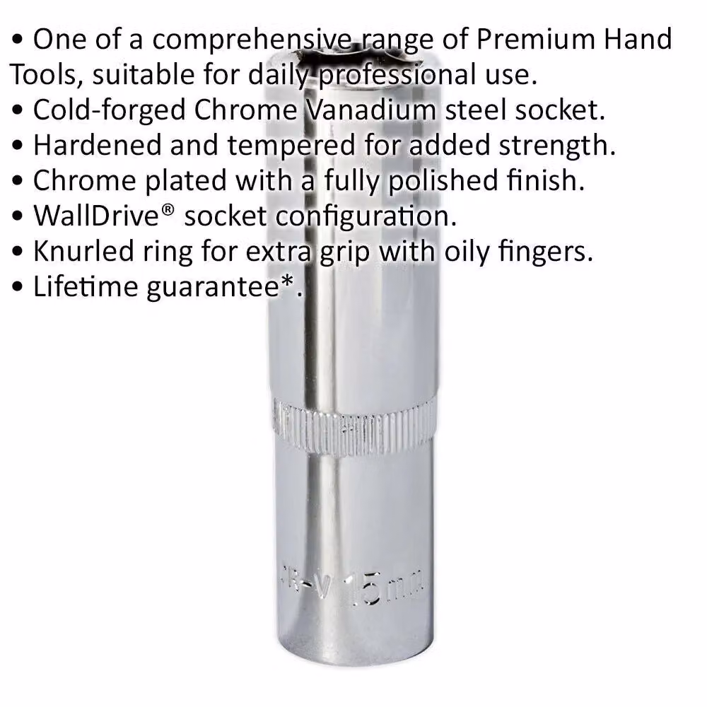 Loops 15mm Deep Drive Socket 1/2 inch Square Drive Forged Chrome Vanadium Steel in Silver – 2