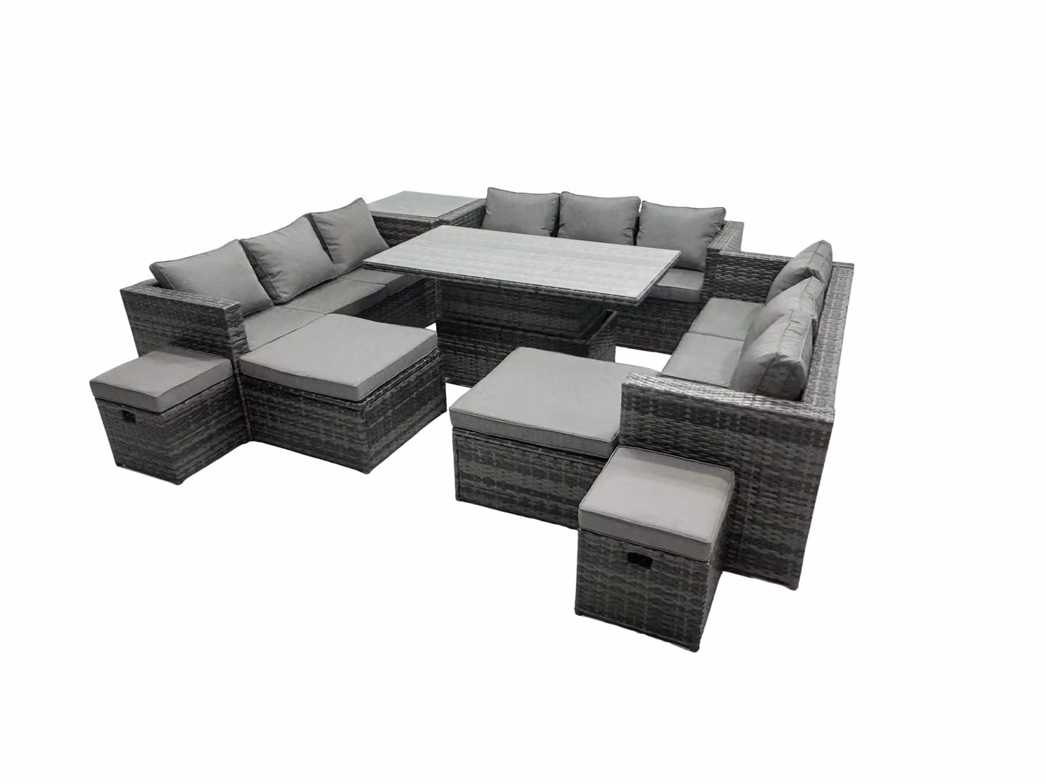 Fimous 13-Seat Rattan Outdoor Dining Set with Sofa, Side Table and 4 Stools in Dark Grey – 2